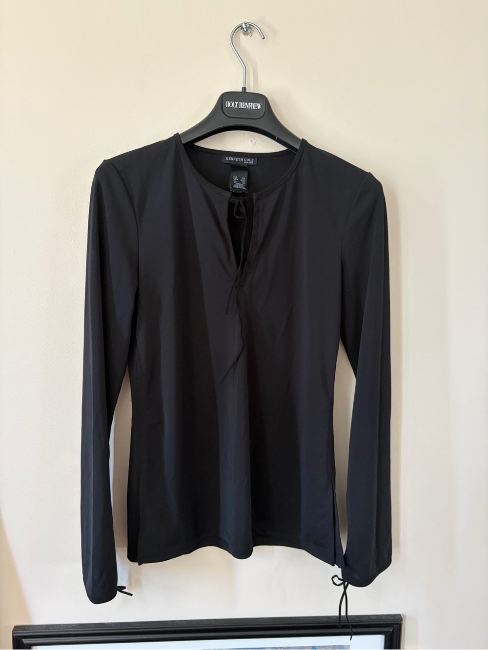 Kenneth Cole Black Long-Sleeve Tie-Neck Top Size XS